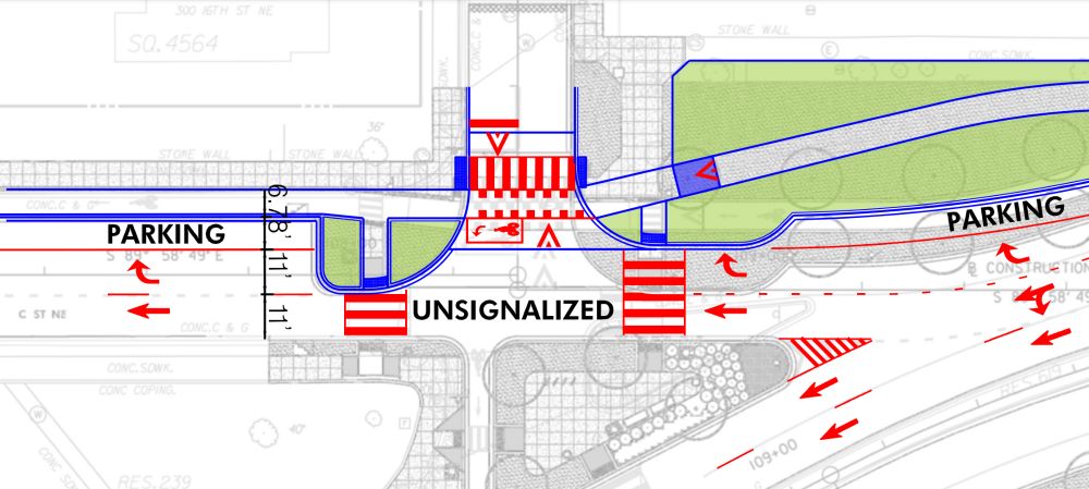An overhead view of the intersection shows the sudden narrowing of the roadway due to a large bumpout.