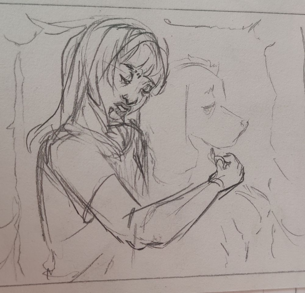 Self Portrait quick sketch of a feminin young person with bangs and snake bites piercings hugging their dog