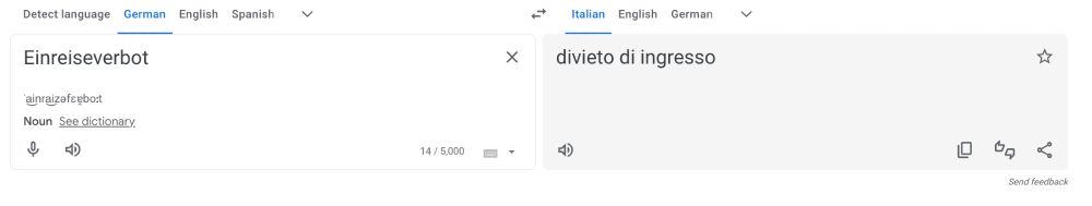 Screenshot aus dem Google Translator: "Einreiseverbot" auf italienisch