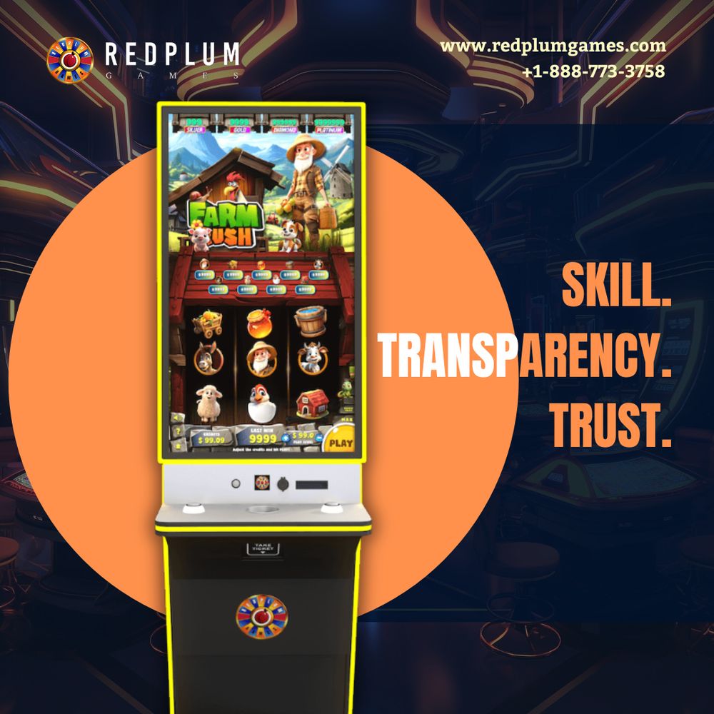Zero Chance Game presented in a tall RedPlum Games cabinet showing the Farm Rush game stands at the center, highlighted with a bright orange circle behind it. The cabinet design is clean and modern, with clear buttons and a front logo. On the right side, bold text reads “Skill. Transparency. Trust.” The background shows a gaming room with soft lights. This image promotes RedPlum’s zero chance games, focusing on fair play and clear results for stores and players.
