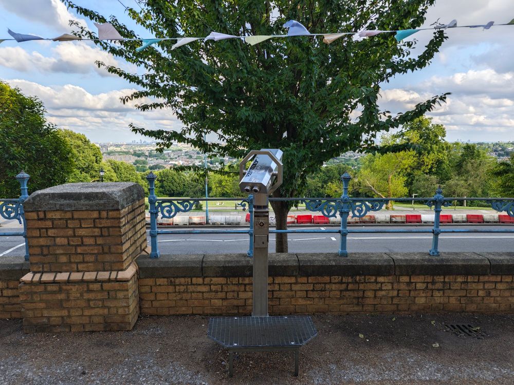 A mounted pair of binoculars positioned with a tree blocking nearly all of the panoramic view from Alexandra Palace