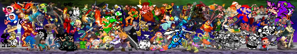 super smash bros ultimate panoramic banner with each character in the style of their first technical official appearance