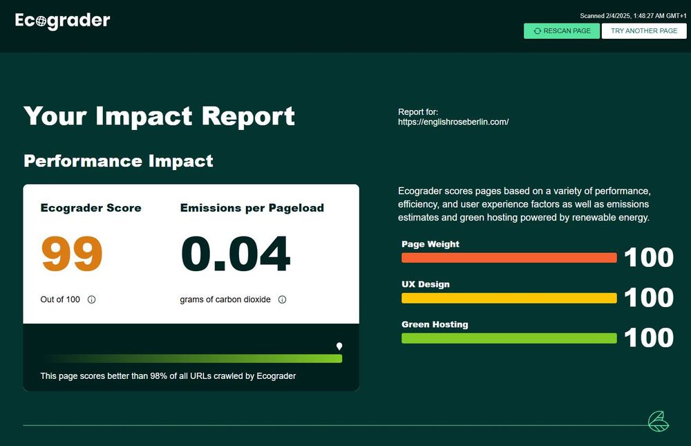 A near-perfect Ecograder score with 99 overall, 100 in each category, 0.04 g of CO2 per page load.