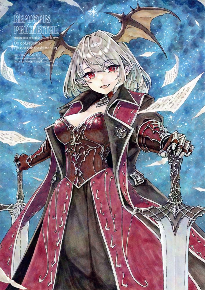 [back story flavor]

英雄エリフと共に戦った戦士達
その多くは、吸血鬼だった
いや正確には、
旧き伝承に記されたそれと概ね同じ性質を持つ、
かつて人だった者達、というべきか

人間の血を啜ることで永遠に生き、
そして老いることのない強靭な肉体を持つ彼等は
神に弓引くエリフにとって、確かに頼もしい兵だった

だが、大いなる戦いさえ終わってしまえば
吸血鬼など、ただ血を消費するだけの害獣に等しい
その自覚があったからこそ、彼等は皆、
戦いの後に、戦死を装って自ら命を絶った

…私のような死に損ないを除いて

思えば、そんな理由で仲間が死ぬのを
あのお人好しの英雄がただ見過ごす筈は無かった
だから私は与えられた
血を、善意を、役割を、生きるべき理由を

それから、3000年を超える永い歴史を、
数多の人の歩みを、英雄の活躍を
私は見守り、記録し、そして語り継いできた
失われぬように、忘れ去られぬように

それは確かに、
永遠を生きる者にしか託せぬ役目だろう