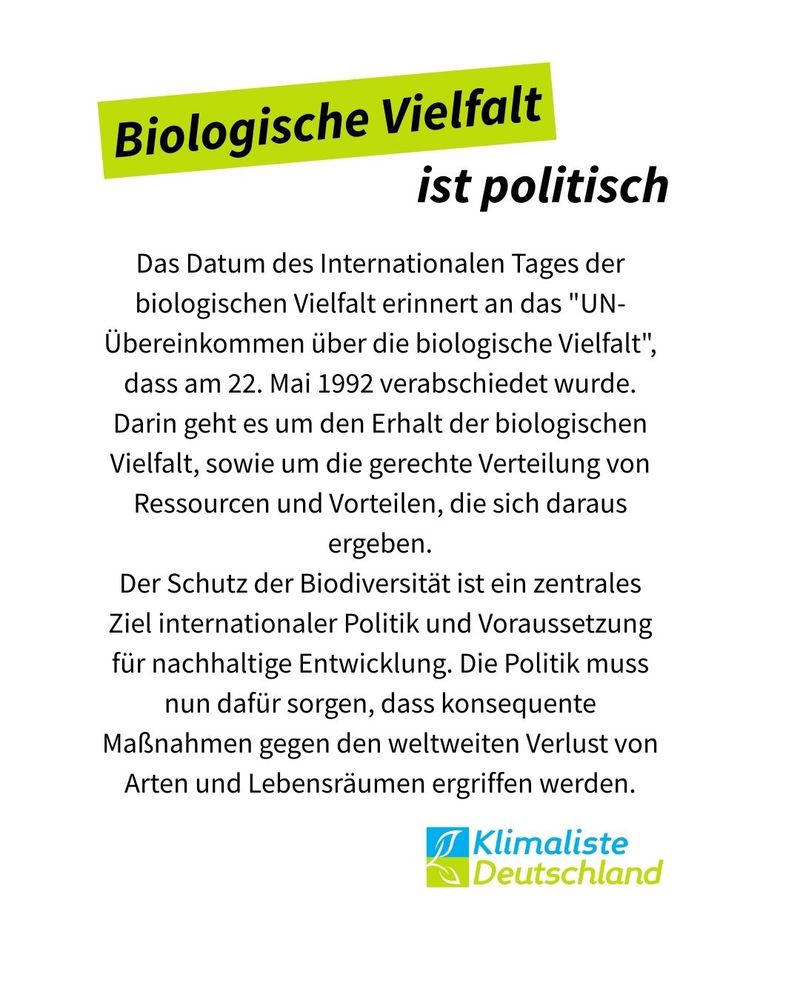 Text steht auf weißem Grund mit der Schlagzeile: "Biologischen Vielfalt ist politisch", wobei die ersten beiden Worte frühlingsgrün hinterlegt sind. Der Text darunter lautet: "Das Datum des Internationalen Tages der biologischen Vielfalt erinnert an das "UN-Übereinkommen über die biologische Vielfalt", dass am 22. Mai 1992 verabschiedet wurde. Darin geht es um den Erhalt der biologischen Vielfalt, sowie um die gerechte Verteilung von Ressourcen und Vorteilen, die sich daraus ergeben.
Der Schutz der Biodiversität ist ein zentrales Ziel internationaler Politik und Voraussetzung für nachhaltige Entwicklung. Die Politik muss nun dafür sorgen, dass konsequente Maßnahmen gegen den weltweiten Verlust von Arten und Lebensräumen ergriffen werden."
Rechts unten, das Logo der Partei Klimaliste Deutschland.