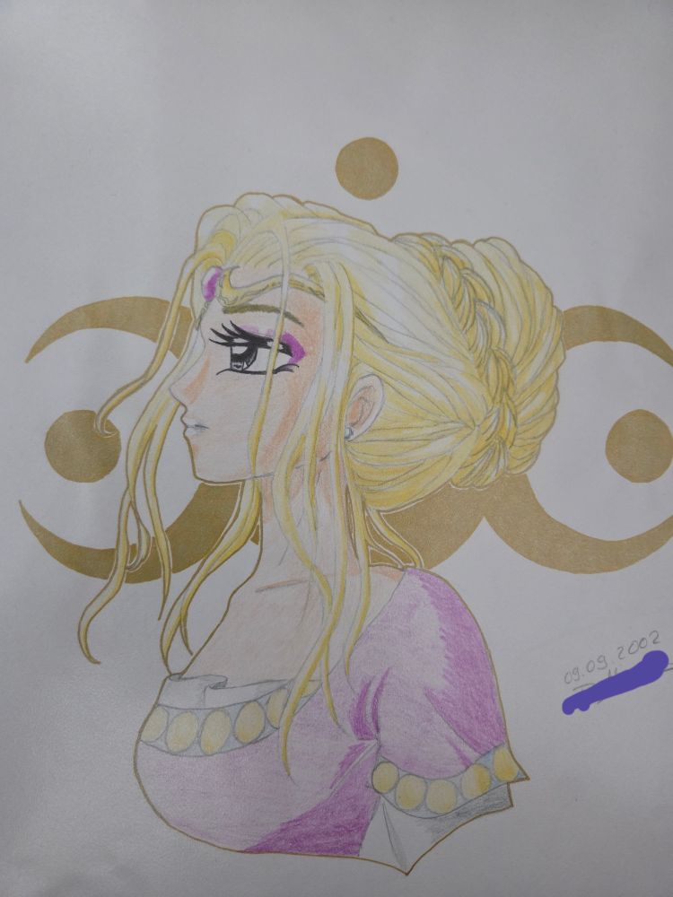 An old piece of a female oc I had back then, this time with some colors and gold in the background 