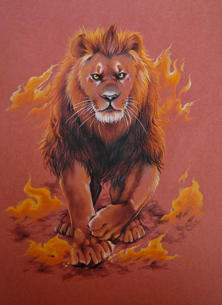 A lion colored in red paper with colored pencils. The lion walks toward the viewer surrounded by fire, a fierce look ob it's face. Everything is colored in matching colors for the paper, orange brown and yellow.