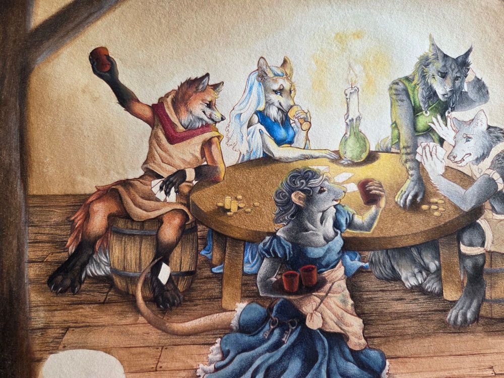 A photo of my nearly finished tavern scene. At a round table sits a group of anthros, a fox and a wolf playing cards. With a anthro vixen keeping the fox company, seeming very amused. A anthro cat stands beside the wolf, trying to help him in his mysery, as he seems to loose this game. 
Before the table walks an anthro rat who brings the drinks for the group. 