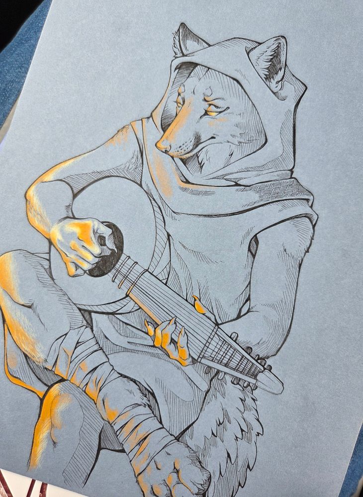 A photo of my newest ink art, with an anthro fox sitting and playing his lute by a campfire. The piece is drawn on blue paper and inked with black ink. All the highlights from the fire are colored with caran d'ache luminance orange and pale yellow colors.
It is still a work in progress...