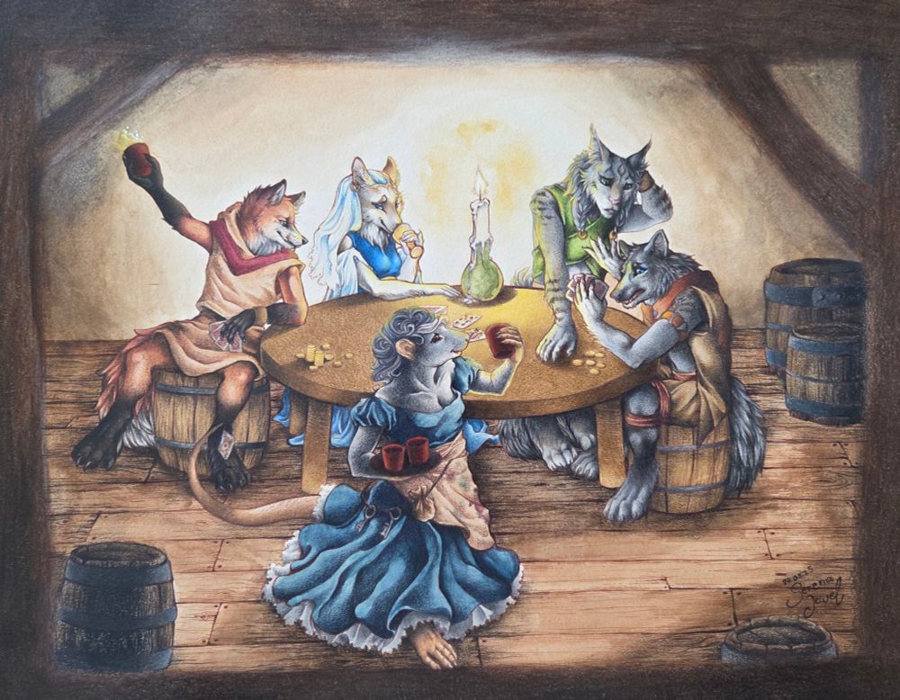 The finished photo of my tavern piece.
Surrounding the round table with a candle on it, cards and coins, are sitting a anthro fox, vixen, wolf and cat. 

But only the obviously very lucky fox and the frustrated wolf are playing cards. The anthro vixen enjoys her drink while watching the fox. The anthro cat wants to help her companion, the wolf, but seems clueless. In front of the table walks an anthro rat waitress who brings another round of drinks. And unnoticed dropping a card for the fox with her tail.