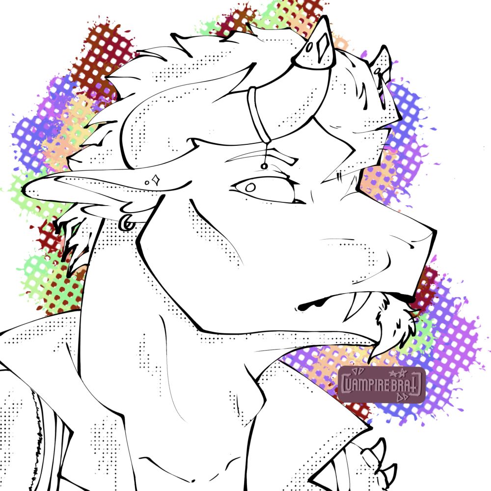 Lizard/dragon like character. Linework on a white background with multi-coloured paint splashes.