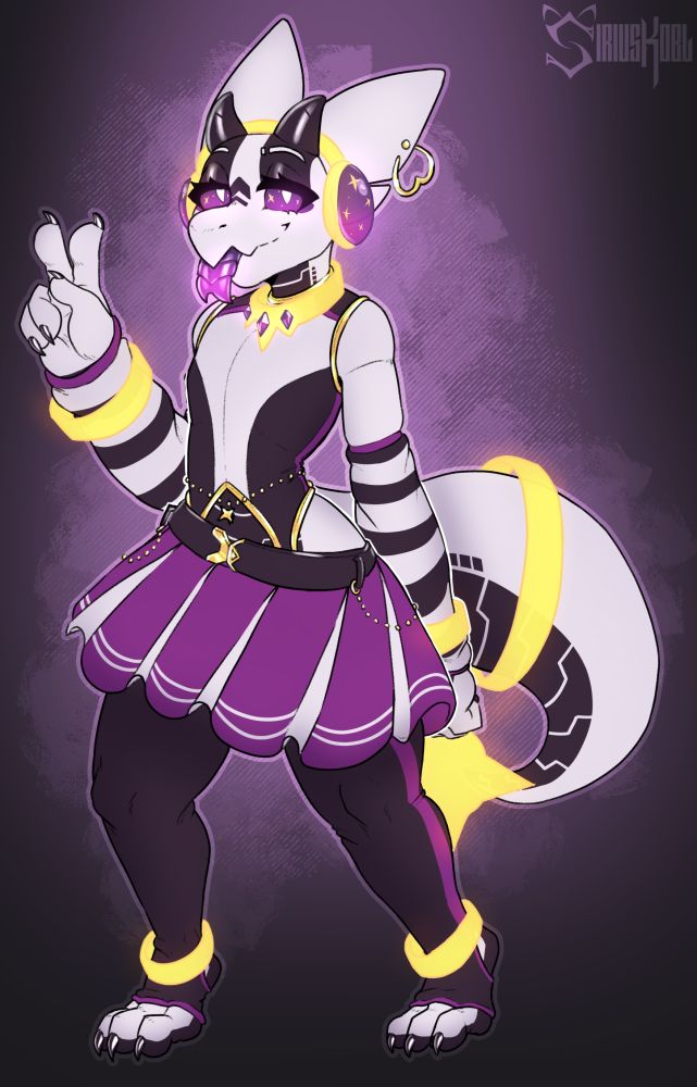 Sirius in kobold form wearing a gold-rimmed bodysuit underneath a pleated skirt, wearing striped armwarmers and dark thigh-high stirrup socks, lifting two fingers in victory and smiling for the camera with their tongue out.
