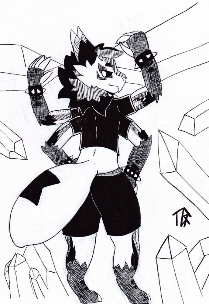 pure black and white drawing of a wickerbeast with four arms and a big bug abdomen, with crystals all around