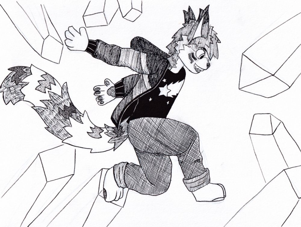 Long tailed fluffy feline leaping through crystal caves, entirely done in mono inks. More at six