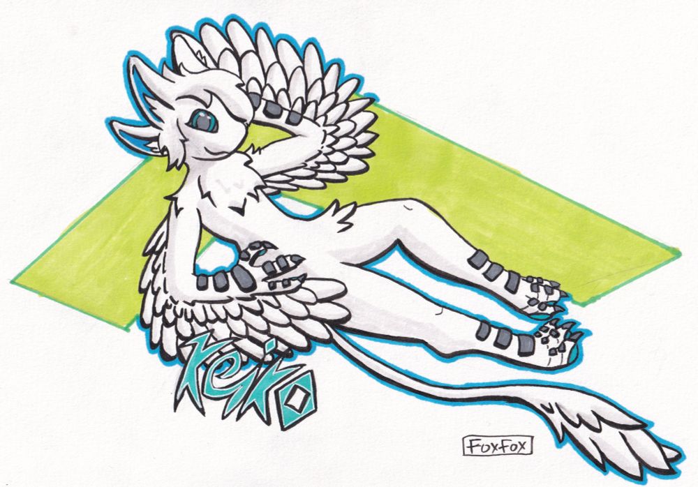 A pretty white avali lounging against an abstract shape. The word Keiko is written underneath her.