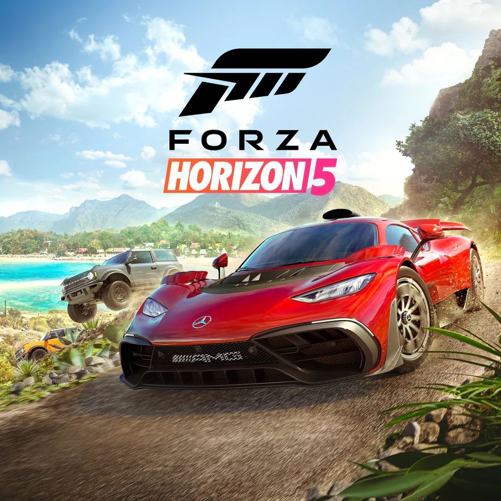 Photo, A vibrant scene featuring a red Mercedes-AMG Project One car speeding along a dirt road, with a rugged off-road vehicle in the background near a tropical beach setting. The sky is bright with scattered clouds, and lush green mountains are visible in the distance. The logo and text "Forza Horizon 5" are  
prominently displayed above the cars.