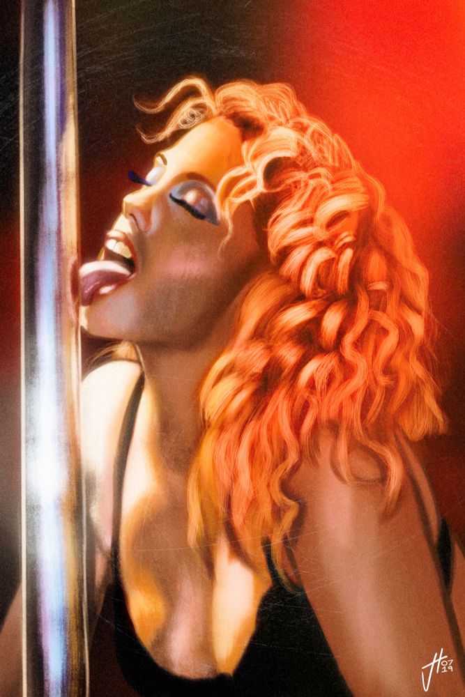 Drawing of Elizabeth Berkeley licking a stripper pole 