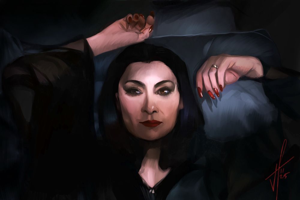A drawing of Angelica Huston as Morticia Addams