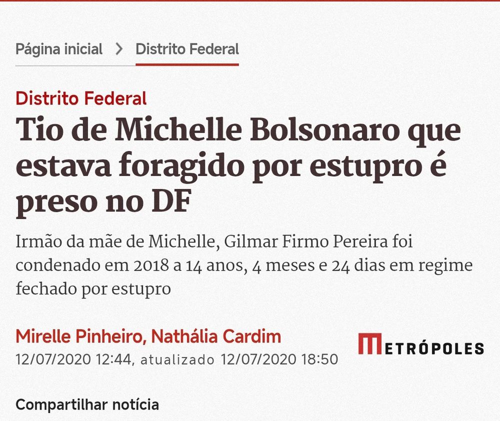 Página inicial

>

Distrito Federal

Distrito Federal

Tio de Michelle Bolsonaro que estava foragido por estupro é preso no DF

Irmão da mãe de Michelle, Gilmar Firmo Pereira foi condenado em 2018 a 14 anos, 4 meses e 24 dias em regime fechado por estupro

Mirelle Pinheiro, Nathália Cardim

12/07/2020 12:44, atualizado 12/07/2020 18:50

METRÓPOLES

Compartilhar notícia