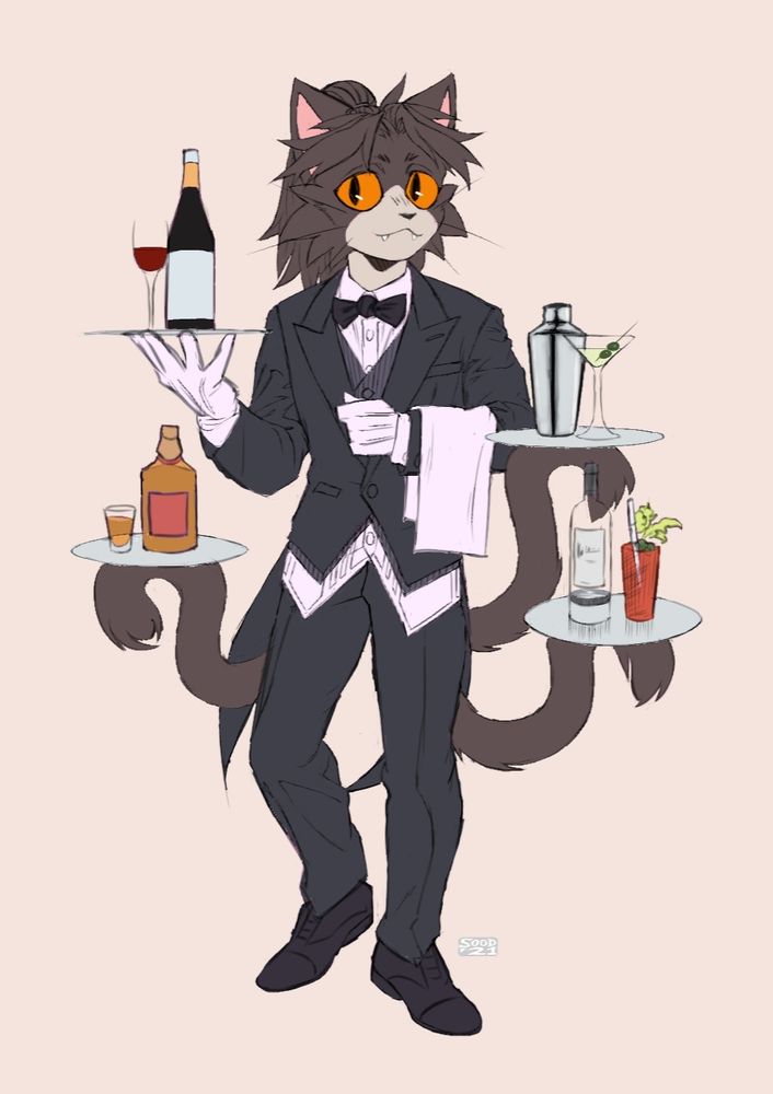 Anthro cat waiter dude with 3 tails, serving.