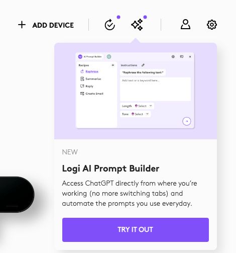 Screenshot of Logi Options, with a "Logi AI Prompt Builder" popup offering the chance to access ChatGPT directly from where you're working.