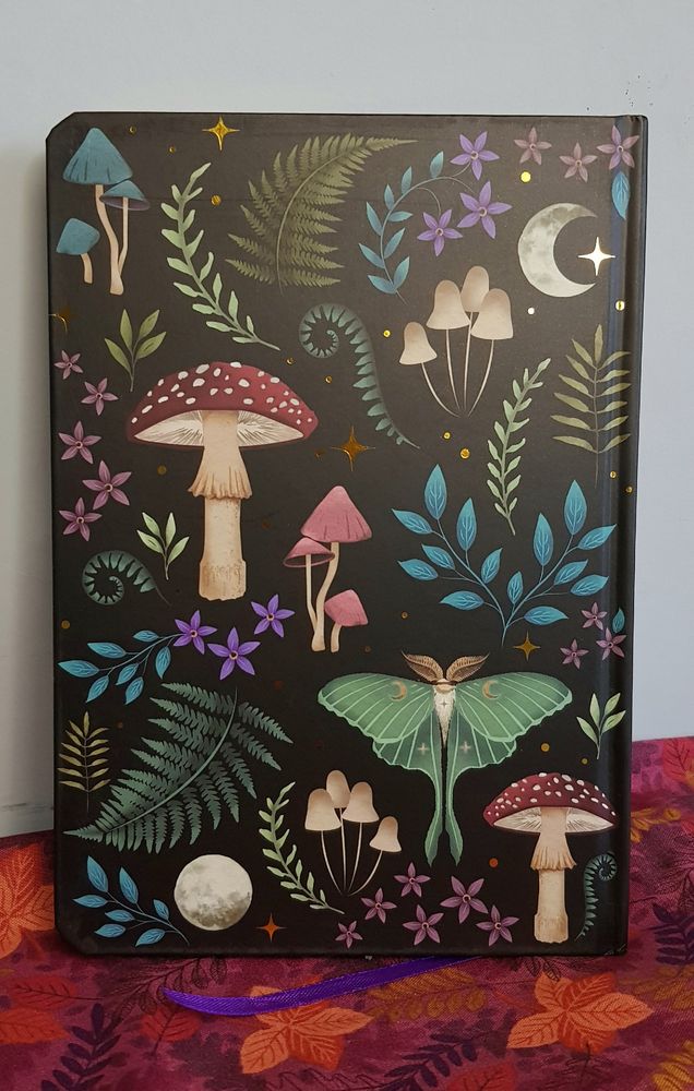 A black A5 size notebook with a witchy print of redcap mushrooms, ferns, moths and other woodland plants