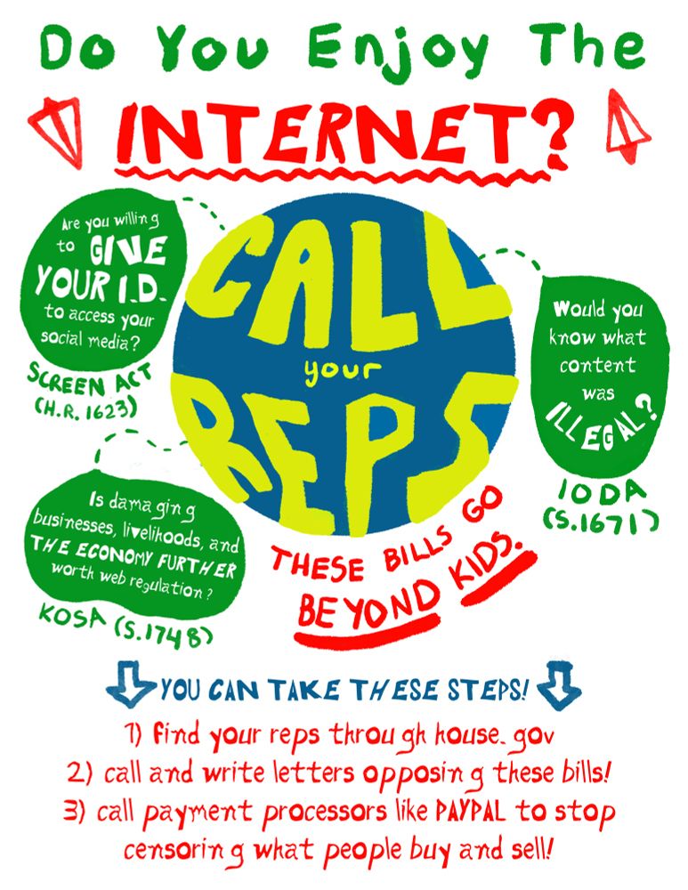 Text on the poster reads: Do you enjoy the INTERNET? CALL YOUR REPS (In green blobs) Are you willing to GIVE YOUR ID to access your social media? (Screen Act, H.R. 1623) Would you know what content was ILLEGAL? (IODA, S.1671) Is damaging businesses, livelihoods, and THE ECONOMY FURTHER worth web regulation? (KOSA, S.1748) — THESE BILLS GO BEYOND KIDS YOU CAN TAKE THESE STEPS! 1) find your reps through house.gov 2) call and write letters opposing these bills! 3) call payment processors like PAYPAL to stop censoring what people buy and sell!