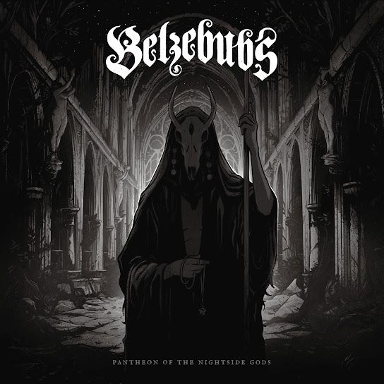 Album cover for Pantheon of the Nightside Gods by Belzebubs

a hooded figure wearing an animal skull is holding a staff while standing in front of a cathedral