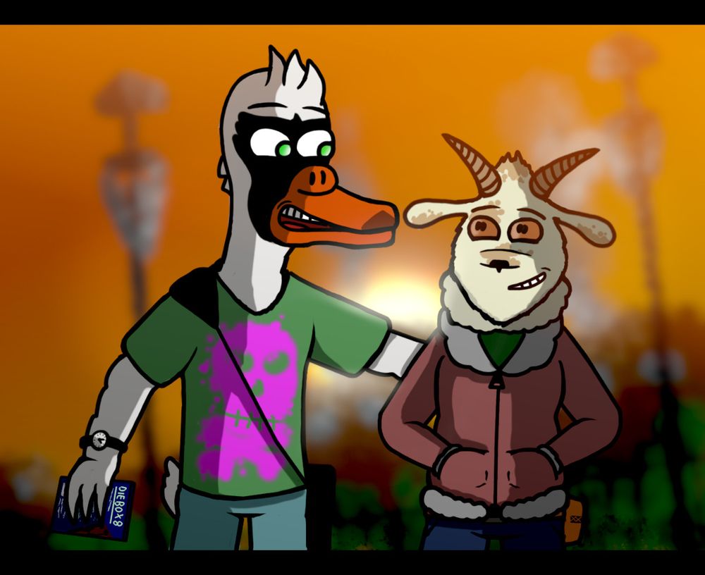 A cartoon Swam and Ram couple walk home together, the sun setting behind the houses in the background. The Swan is clutching a recently purchased copy of DIE BOX 8: SPACE BOX and is explaining its cinematic excellence eagerly to an amused Ram.