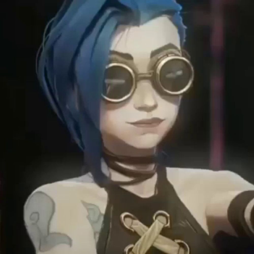 a cartoon girl with blue hair and goggles is wearing a black top .