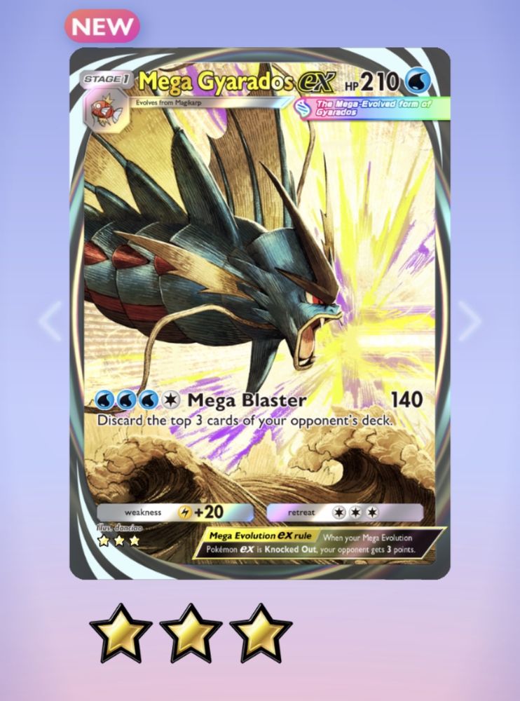 Screenshot from the game Pokémon TCG Pocket showing the newly acquired Full Art Immersive Mega Gyarados EX card