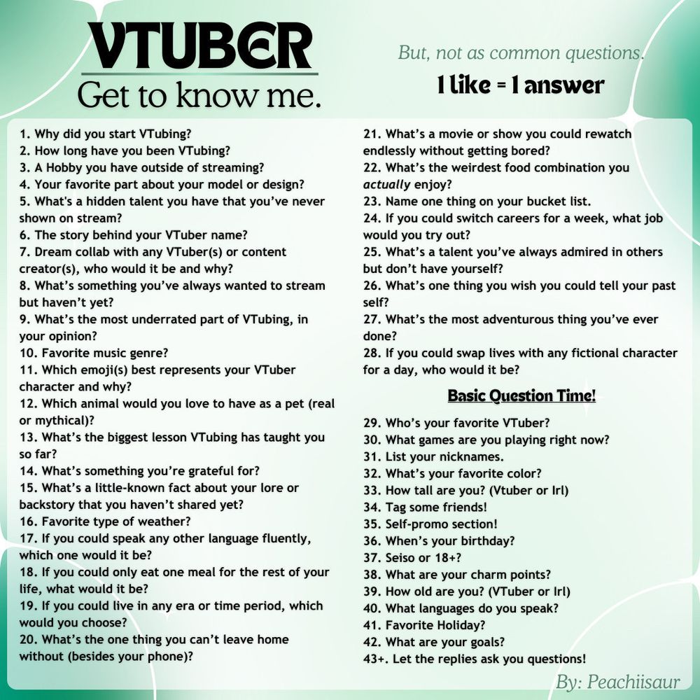 Vtuber get to know me but, not as common questions PART 1
(1 like = 1 answer)

1. Why did you start Vtubing?
2; How long have you been Vtubing?
3. A Hobby you have outside of streaming?
4. Your favorite part about your model or desing?
5. What's a hidden talent you have that you've never shown on stream?
6. The story behing your Vtuber name?
7. Dream collab with any VTuber(s) or content creator(s), who would it be and why?
8. What's something you've always wanted to stream but haven't yet?
9. What's the most underrated part of Vtubing, in your opinion?
10. Favorite music genre?
11. Which emoji(s) best represents your Vtuber character and why?
12. Which animal would you love to have as a pet (real or mythical)?
13. What's the biggest lesson Vtubing has taught you so far?
14. What's something you're grateful for?
15. What's a little-known fact about your lore or backstory that you haven't shared yet?
16. Favorite type of weather?
17. If you could speak any other language fluently, which one would it be?
18. If you could only eat one meal for the rest of your life, what would it be?
19. If you could live in any era or time period, which would you choose?
20. What's the one thing you can't leave home without (besides your phone)?
21. What's a movie or show you could rewatch endlessly without getting bored?
22. What's the weirdest food combination you actually enjoy?
23. Name one thing on your bucket list
24. If you could switch careers for a week, what job would you try out?
25. What's a talent you've always admired in others but don't have yourself?
26. What's one thing you wish you could tell your past self?
27. What's the most adventurous thing you've ever done?
28. If you could swap lives with any fictional character for a day, who would it be?

Basic Questions Time!

29. Who's your favorite Vtuber?
30. What games are you playing right now?
31. List your nicknames
32. What's your favorite color?
33. How tall are you? (Vtuber or irl)
34. Tag some friends!