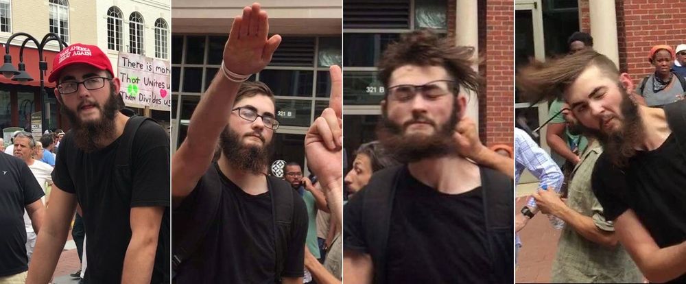 Four photos of Daniel Ferguson Jr. showing him Sieg Heiling and getting punched in the face for it in Charlottesville