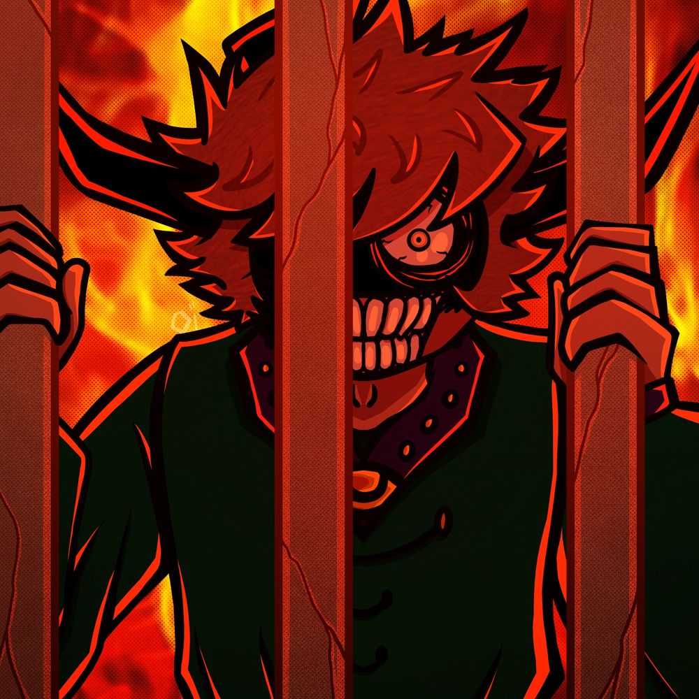 Art piece of Matthason holding onto the bars of a cell. There's imagery of fire behind him as the art piece's hue is mostly red. One bar is blocking his right eye while his left one stares at one's soul. He has a sinister grin. Matthason is a likely upcoming character to VS. Dave and Bambi 3.5 which is a Friday Night Funkin' mod. The art piece is highly reflective of one created by cheatexp on Tumblr and another one created by hyperblingy.bsky.social.