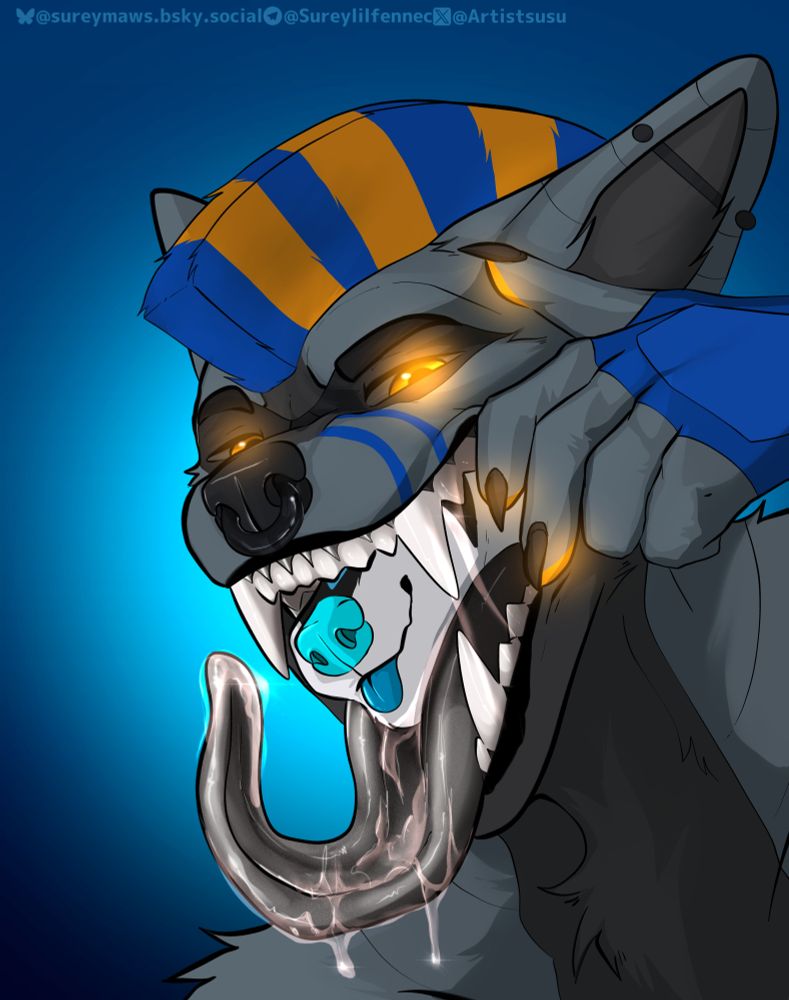 A picture of Kalibur pulling his maw open a little to show off Nameless being swallowed down his throat.
