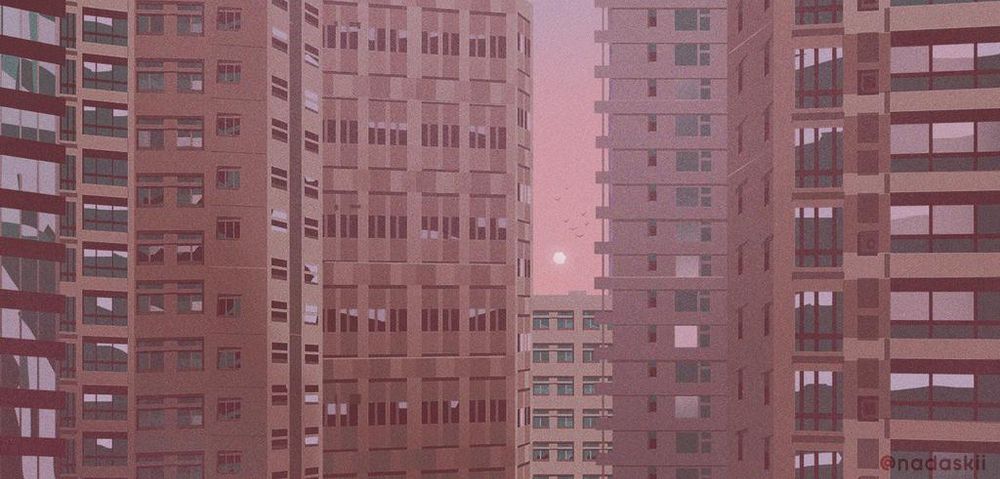 illustration of the same buildings at dawn 