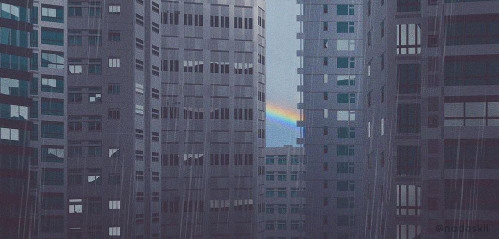 illustration of the same buildings in rain. there’s a little rainbow in the sky