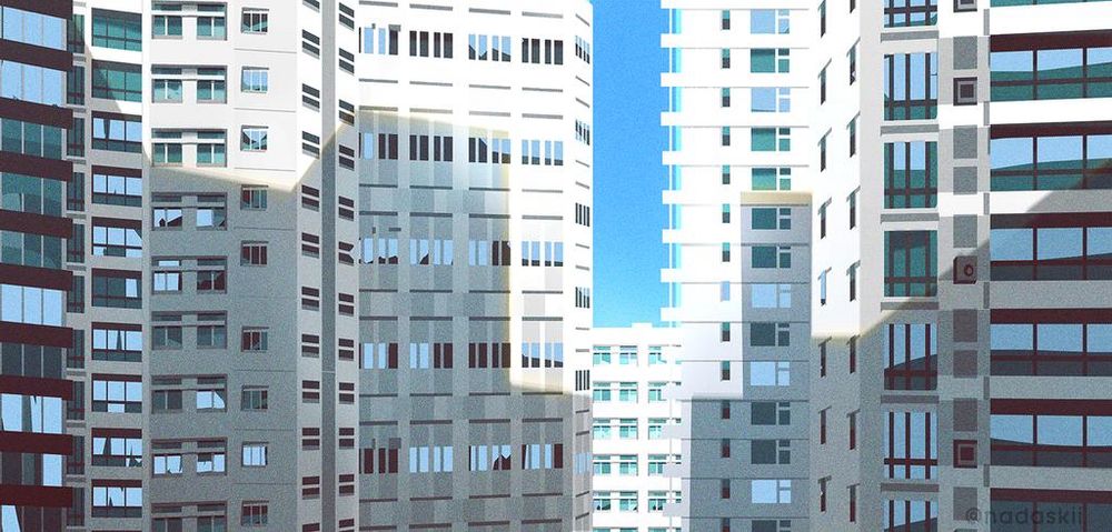 illustration of some buildings in afternoon light. The buildings are crowded and close to each other but there’s a little gap where you can see the sky