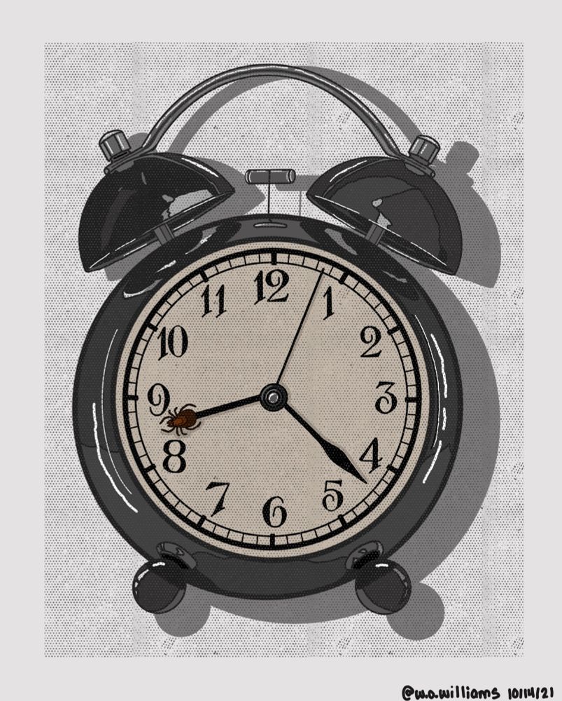  hand-drawn digital illustration of a vintage black twin-bell alarm clock, created in Procreate for Inktober 2021 with the prompt “tick.” The clock face shows the time at 8:22 with the second hand pointing toward the 12. On the clock’s face near the 9, a small brown tick insect crawls across the number, visually tying the wordplay together. The background has a subtle gray halftone texture, giving the piece a print-like, retro feel. At the bottom right corner, the artist’s logo symbol and date “10/14/21” are signed.
