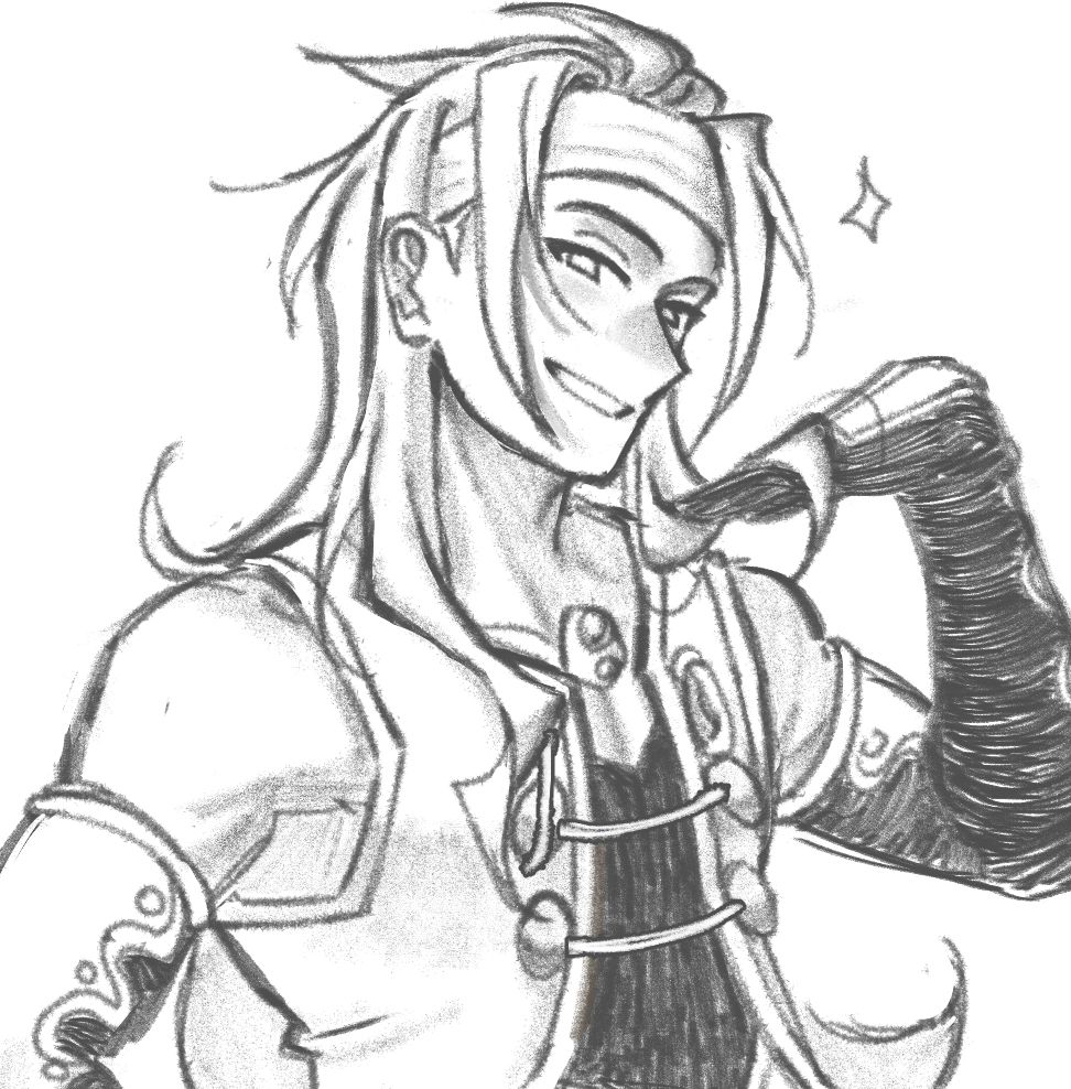 zelos with his hand on his hip and his face angled upwards looking towards the camera; he is brushing his hair back with his other hand