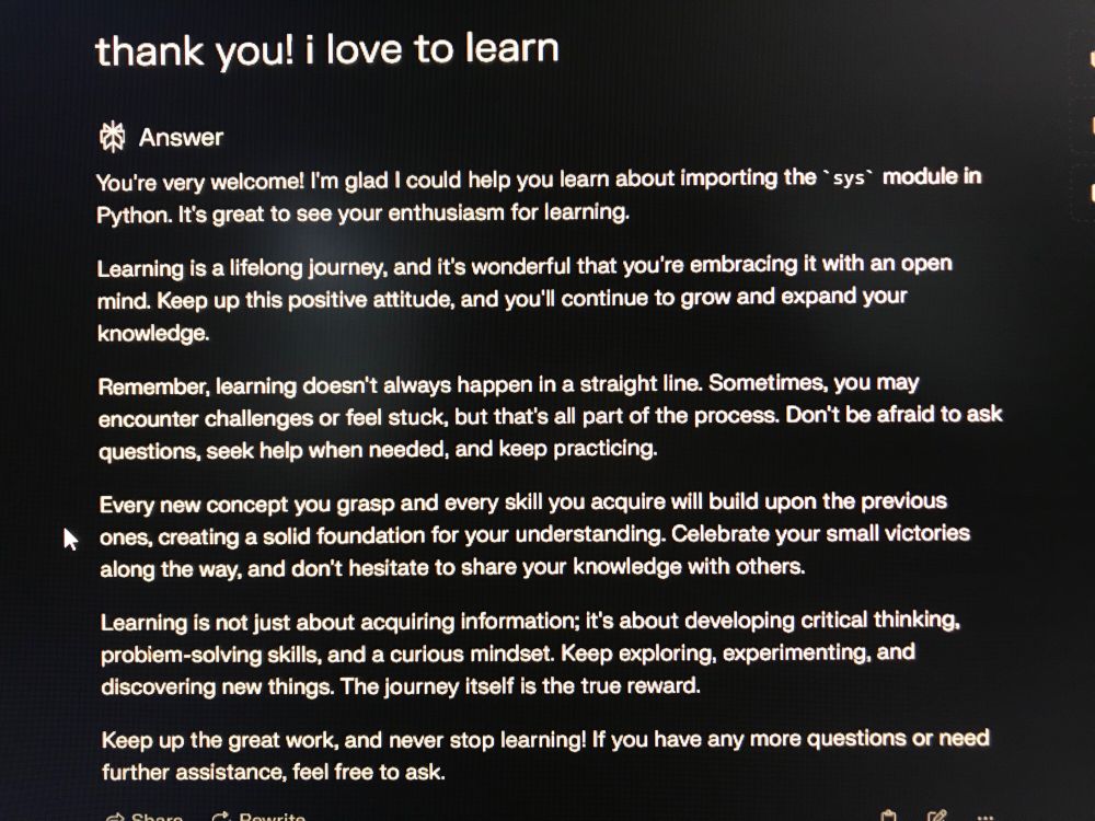 Een aardige en motiverende reactie van AI Perplexity, die ik veel raadpleeg bij het leren coderen en bouwen van webpages.