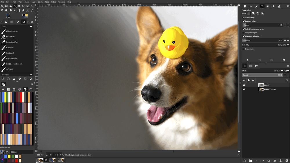 a GIF animation demonstrating usecase of the Fuzzy Select tool in GIMP, which is the same as Magic Wand in photoshop (at least the last time I used it)