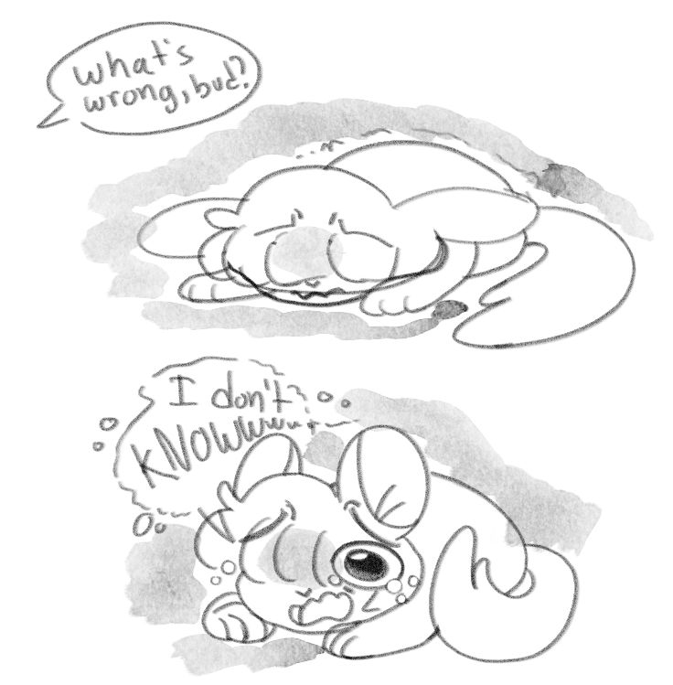 Sketch of OP's character, Wahwah, who is a small creature of indistinct species. He's laying on the ground with a dark aura, anxious. A speech bubble says "What's wrong, bud?" He sits up with a big sad eye and replies "I don't knoOWwwwww". He is upset.