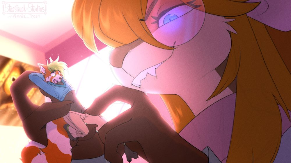 Illustration of OP's mouse character, Penny, gripping a tiny red panda character in her hand. She's biting her lip, using her claw to pull down the hem of their pants. They look flustered. A smaug poster hangs on her wall in the background.