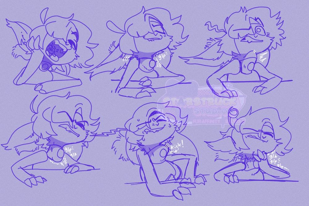 A silly doodle sequence of the OP's elf-sona [he/him] trying and failing to swallow a very fight-y prey of indistinct identity. 