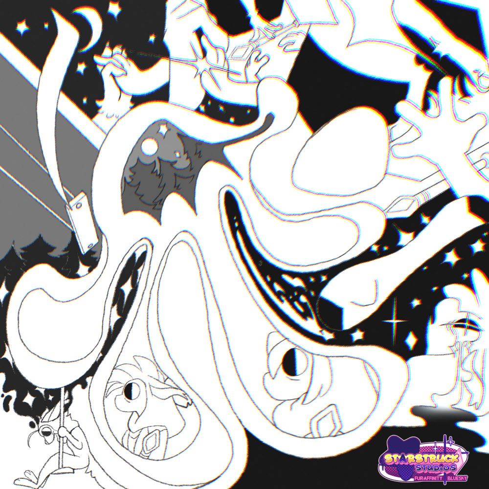 A surreal black and white illustration of the OP's character, Star. The imagery is meant to be read from '9 o'clock' on the canvas [left side] and read clockwise, representing a loop of time that keeps repeating.
The imagery is as follows:
A dark forest with a swing set. 
Two characters hold hands under a crescent moon sky. They are both small and young looking.
The same hands holding each other, but one is still small and the other is larger. A spark pierces through both hands where they make contact.
The larger hand rests on a scepter on the ground. The smaller hands appear to be on the ground, starting to reach up.
The smaller hand reaches out towards the larger individual as they walk away. The scepter remains on the ground.
A star shoots through the sky.
Star stares at the sky, stylized tears flowing down from his eye in the shape of stars and an inky black sky.
Star, eyes wide and unreadable walks to the left, holding the scepter.
Star, eyes wide and unredable, walks to the left, holding the scepter. His design has changed and his mane has receded slightly.
Star, small, sits on a swing set, eyes wide and unreadable. He stares at the ground, black miasma flowing up from his head, leading into the imagery loop above him. His mane has receded further.

The middle of the canvas has a stylized, surrealist image of Star's grimacing face. His mouth and nose lay to the left half of the screen, his eyebrow at the top left, and his eye takes up the majority of the middle. Large, dripping tears fill up the majority of the bottom half of the screen. The center of his eye shows a pine forest with a full moon, and a five-point star far away from a smaller four-point star.

The entire image has a chromatic aberration effect that gets stronger the further it gets from the bottom left Star.