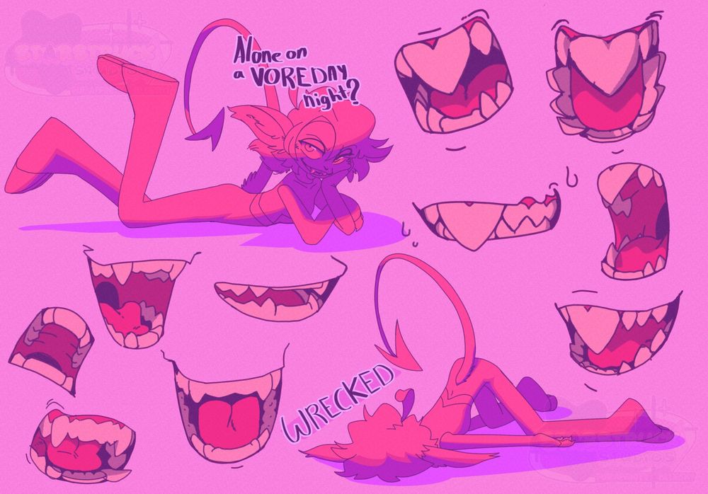Assorted drawings of mouths/teeth and the OP's sona, Vinny. The left teeth belong to him, the right teeth belong to his GF's character, Hita. Who OP has the major hots for. Important context.