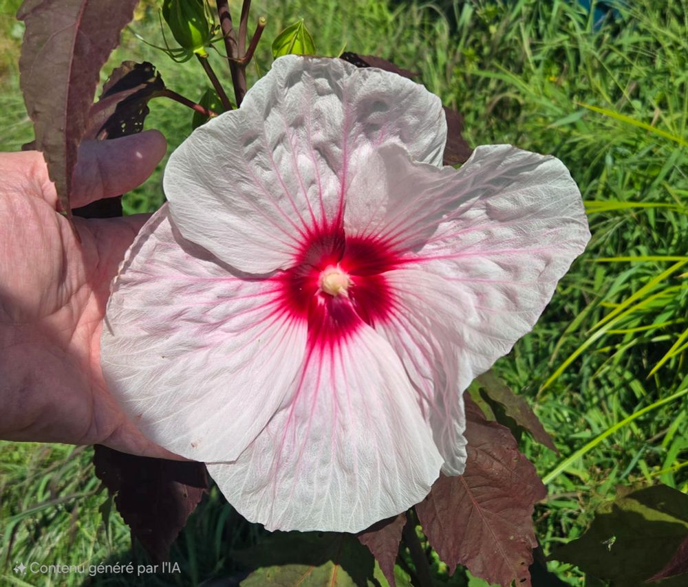 L'hibiscus assiette en fleur. Frais de ce matin. 
Avec ma main en arrière pour une référence de dimension!
