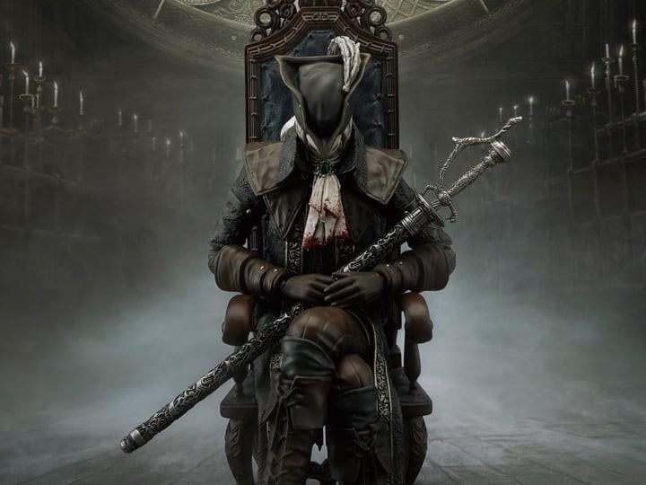 Lady Maria of Bloodborne sitting in her chair in the Astral Clocktower. She's in bed her hunter garb with Rakuyo on her lap