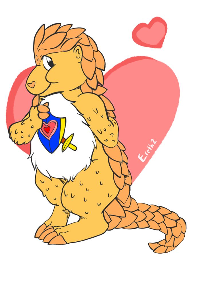 An illustration of a pangolin care bear cousin with one paw behind his spiny back, the other to its mouth like he knows something you don’t. There are also two pink hearts in the background.